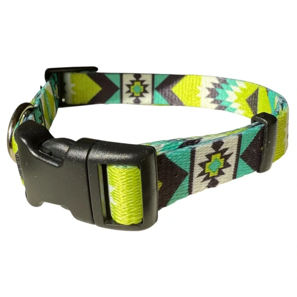 Southwestern Boho Teal/Lime Aztec Geometric Adjustable Dog Collar, Medium 18”